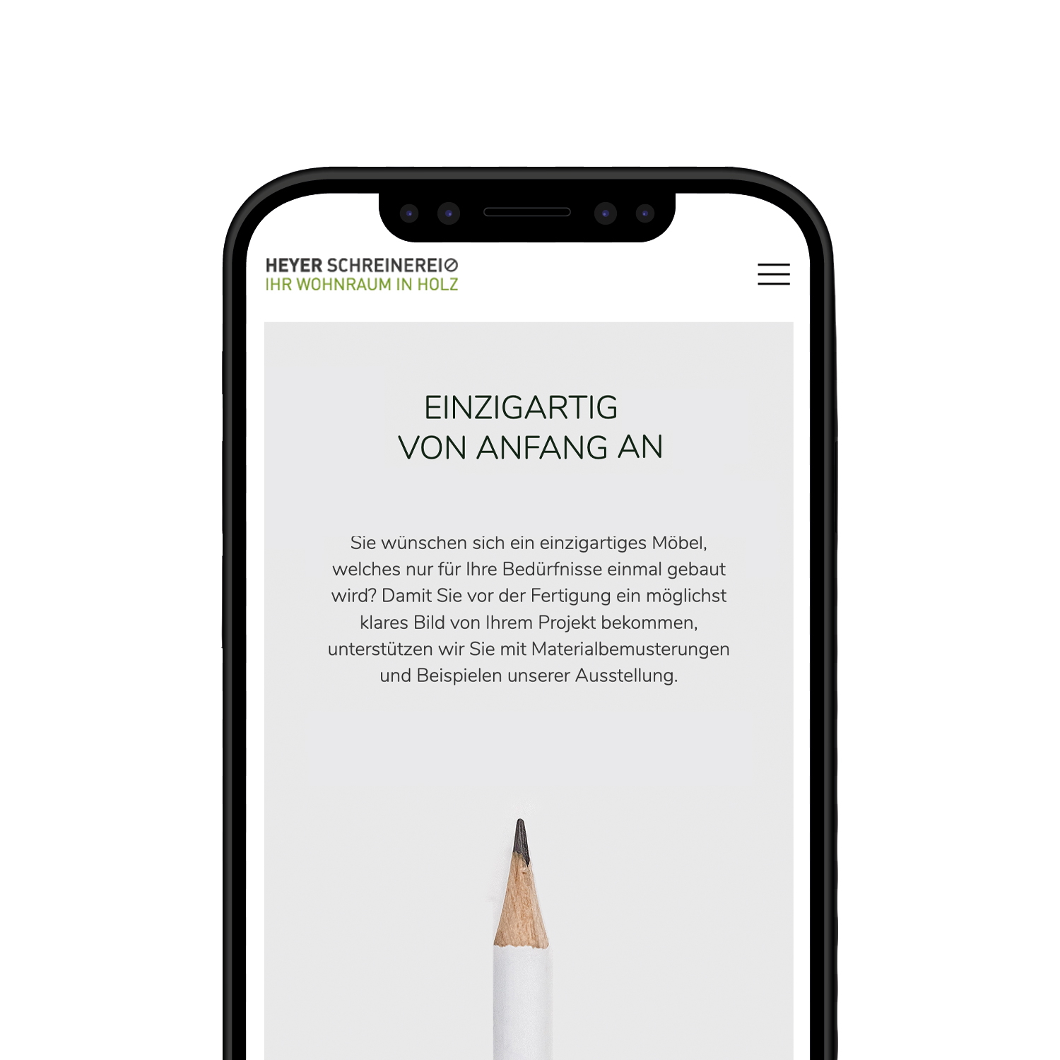 Mobile view of a subpage